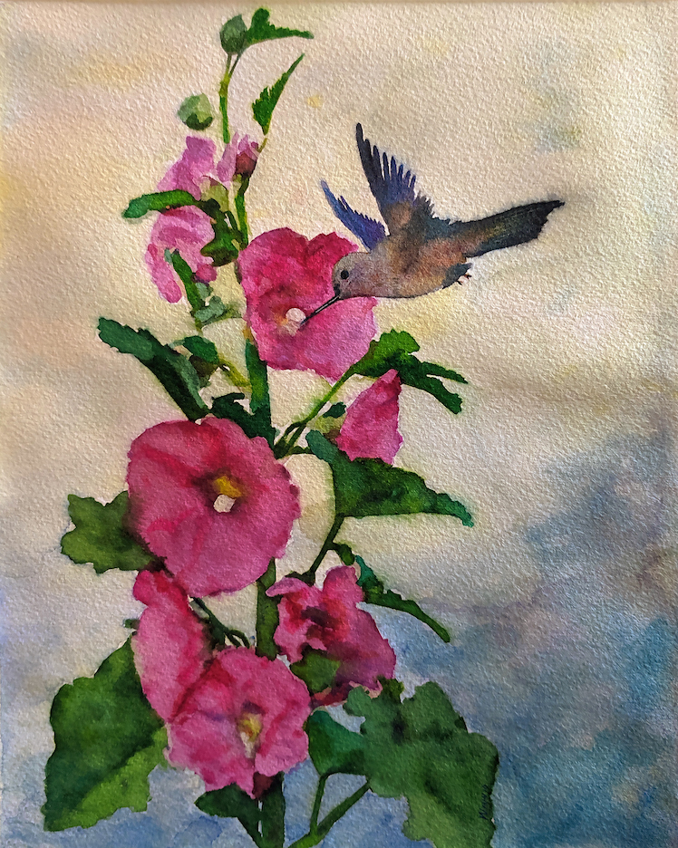 Penny Winn: Hollyhocks and Hummingbird