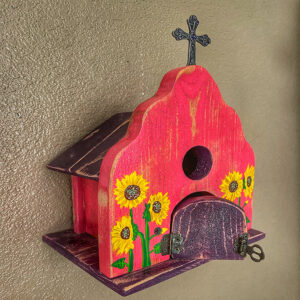 Pink Mission Church Birdhouse with Sunflowers, for web